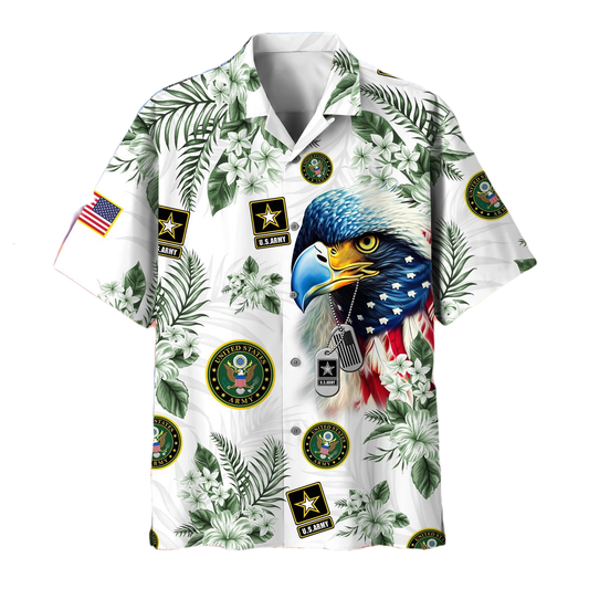Veteran Hawaii Shirt Eagle Tags US Army Symbol Pattern Aloha Shirt Green White Unisex