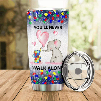  Autism Mom Tumbler 20 oz You'll Never Walk Alone Elephant Tumbler Cup Autism Travel Mug 