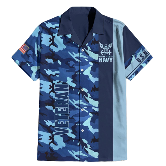 Veteran Hawaii Shirt US Navy Veteran Blue Camoflage Aloha Shirt Blue Unisex
